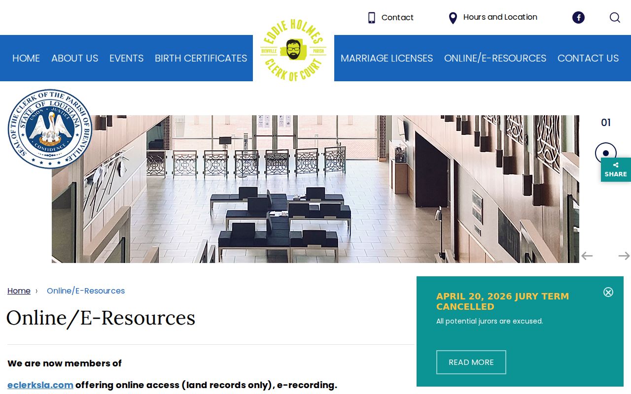 Bienville Parish Clerk of Court online access page for warrant record routing