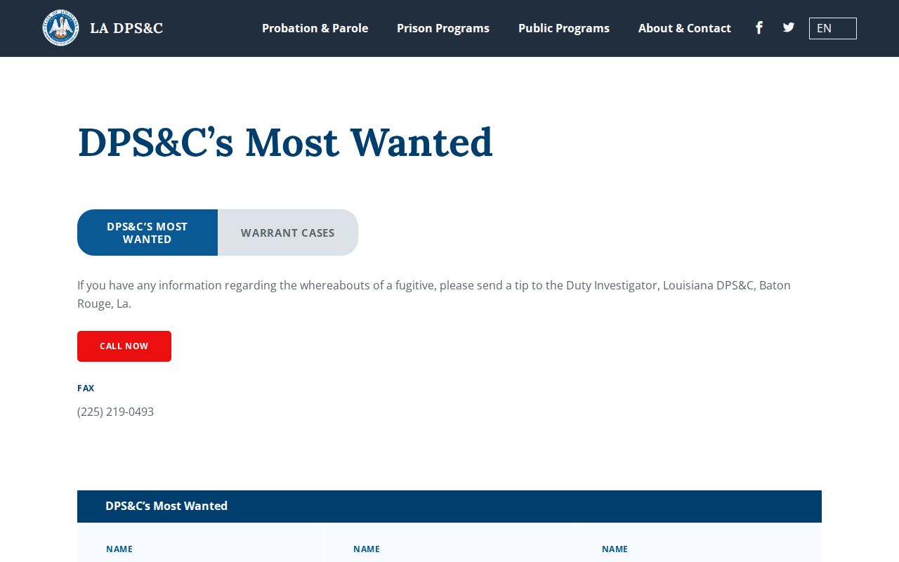 Bienville County most wanted program screen showing the curated state list layout