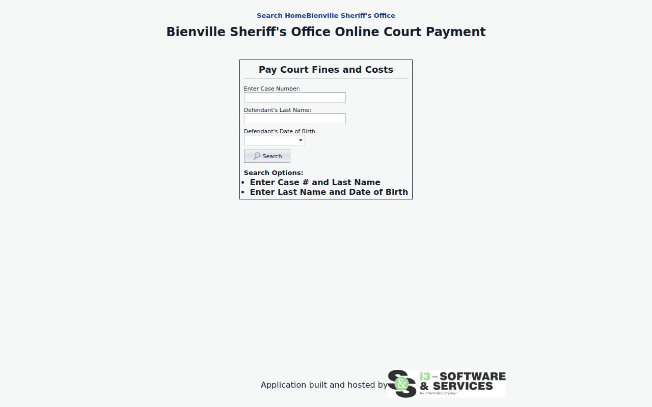 Bienville traffic warrant payment search by case number, last name, and date of birth
