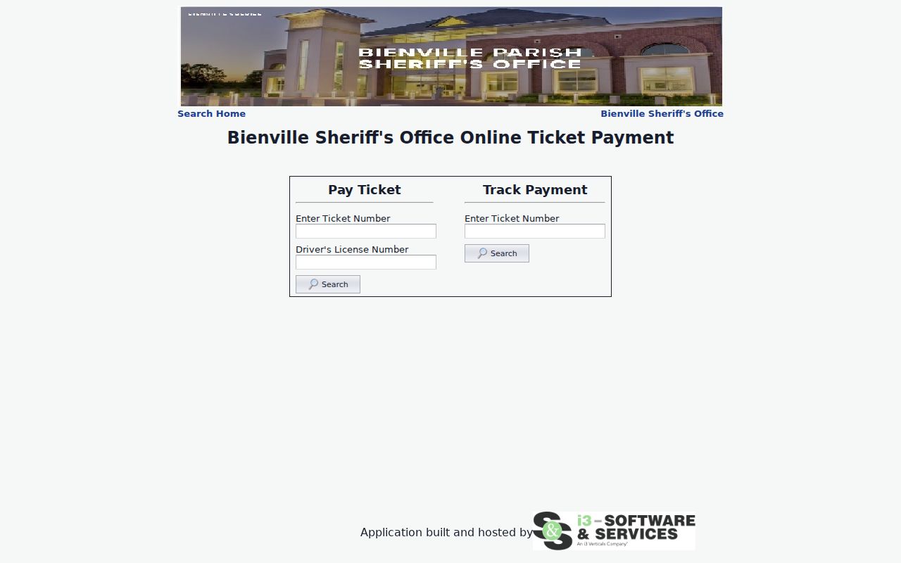 Bienville traffic warrant lookup fields for a ticket number and driver's license number