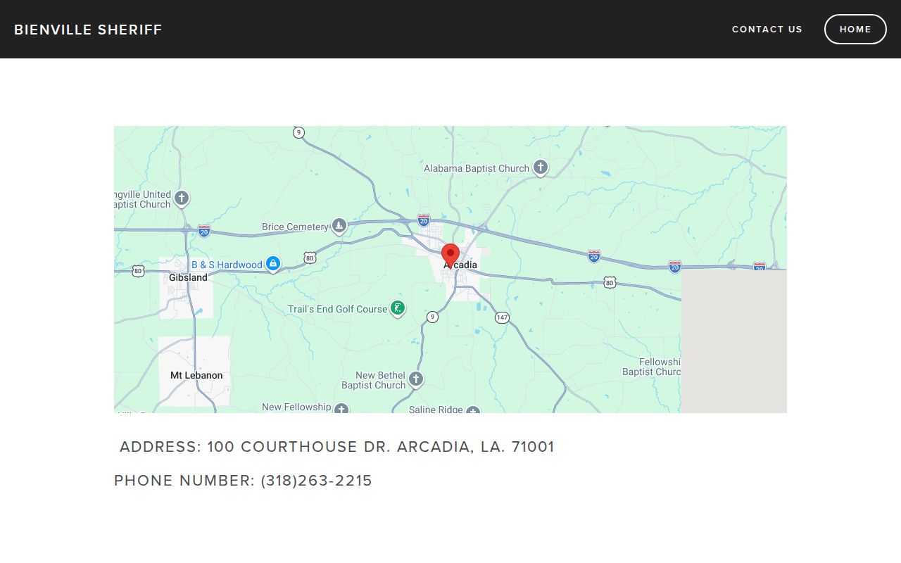 Bienville Parish warrant records: sheriff headquarters contact card